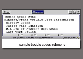 sample trouble codes submenu